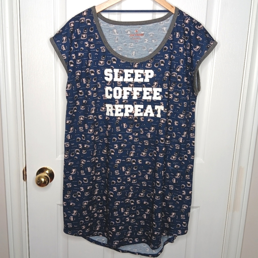 NWOT Joe Fresh Women's Coffee Graphic Sleep Shirt Size L Navy Blue Pink White